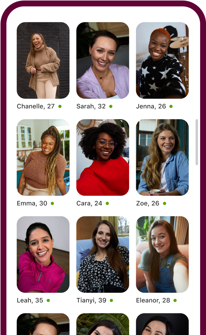La app Badoo mostrando una cuadrícula de diferentes perfiles de mujeres.